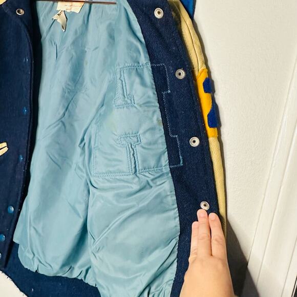 Vintage Hatchers Blue Gold 60s Letterman H University Leather Wool Jacket size S - Picture 9 of 12